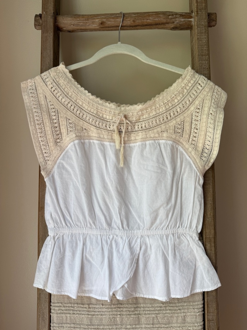 HD in Paris White Peplum Blouse with Cream Crochet Yoke